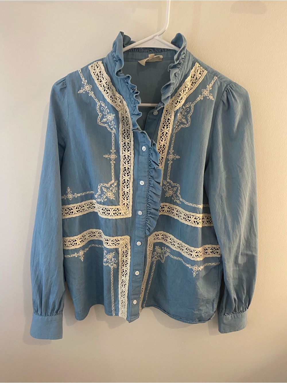 Sezane Blue Ruffle Lace Button-Down Blouse size 38